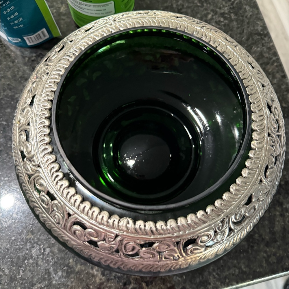 Green Glass Bowl with Silver Detailing
Vintage bohemian glassware.Made in India.